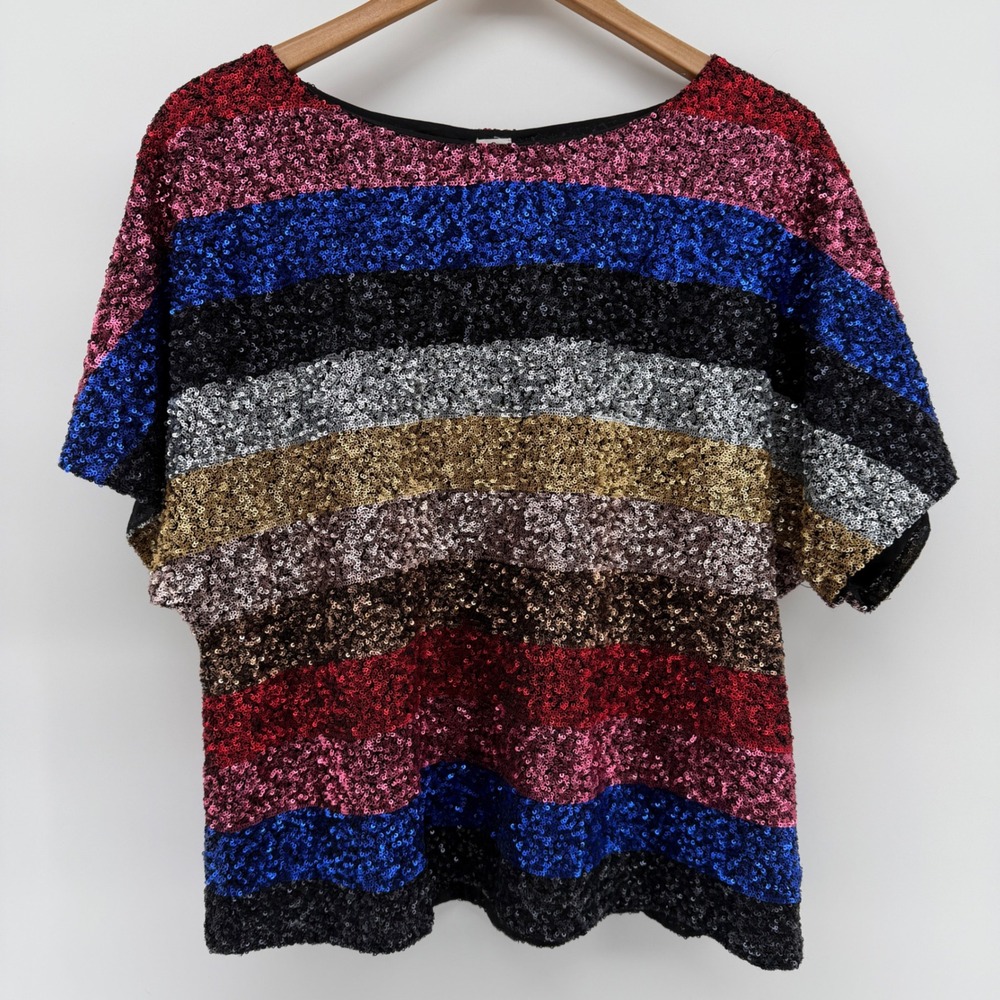 Gap Women Multi Color Sequin Striped Short Sleeve Top Boxy Party Shirt S/M